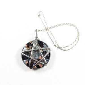 Witchy silver plated pentagram pentacle pendant on metallic flaked glass